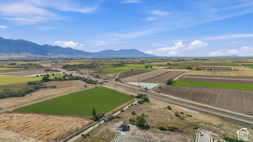 Expansive agricultural fields with varied crops, rural road, and distant mountain range