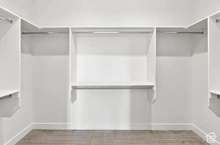 Built-in closet system featuring multiple shelves and hanging rods, with light-toned carpet flooring