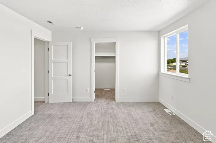 Neutral wall finishes, contemporary three-panel doors, light-colored carpeting, window with white trim, and a built-in closet with hanging rod
