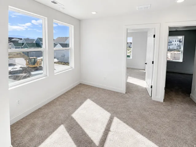 Neutral tone carpeting with white trim