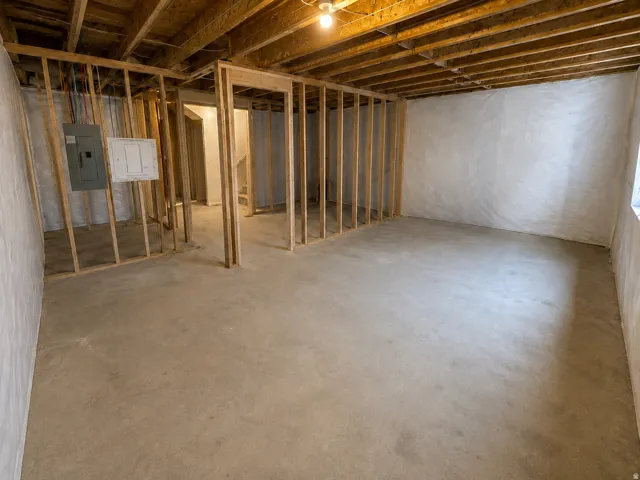 Unfinished basement featuring exposed wood ceiling joists, framed interior walls, concrete flooring, and a visible electrical panel
