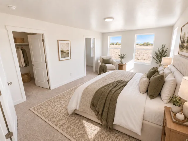 Neutral-toned carpeting, white walls, multiple windows, and a built-in closet with shelving and hanging space