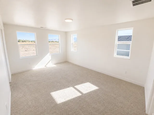 Spacious room featuring multiple windows, neutral carpet, white walls, and a flush-mount ceiling light