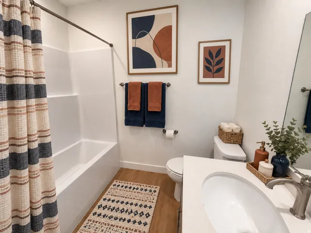 Bright bathroom featuring a ceramic pedestal sink, large framed mirror, wood-finish flooring, and classic subway tile shower surround with coordinating plaid shower curtain