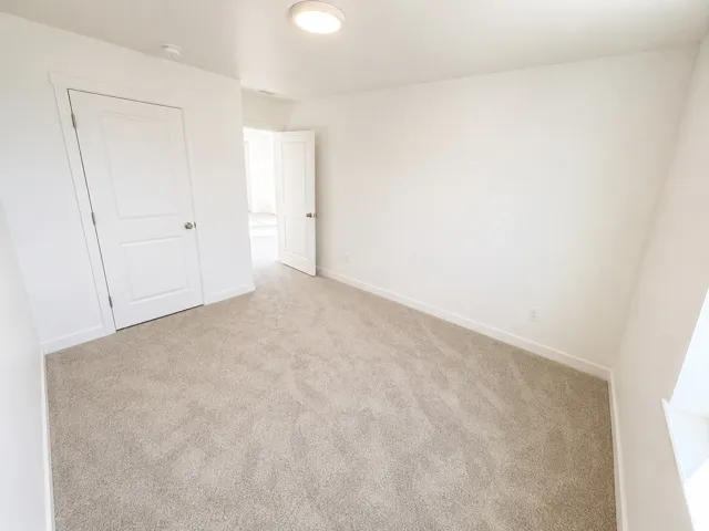 Neutral-toned carpet flooring, white painted walls, white trim, two-panel interior doors, and a ceiling-mounted light fixture