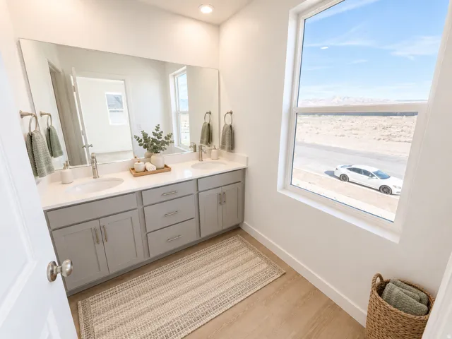 Dual vanity with undermount sinks, stone countertop, and brushed nickel fixtures