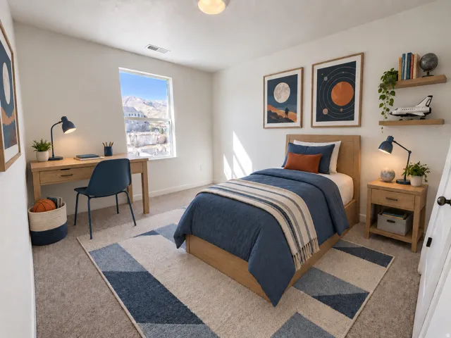 Carpeted bedroom featuring a large window, light wood-finish built-in shelving, a light wood-finish desk with a drawer, and a light wood-finish nightstand with a drawer and open shelf