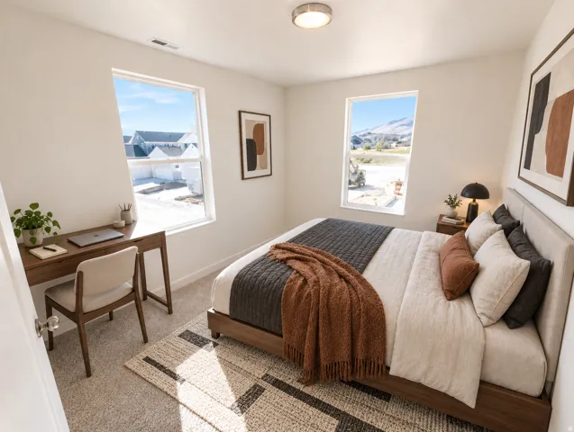 Neutral wall color, recessed ceiling light, two large windows, carpeted flooring, and a wood-finish bed frame