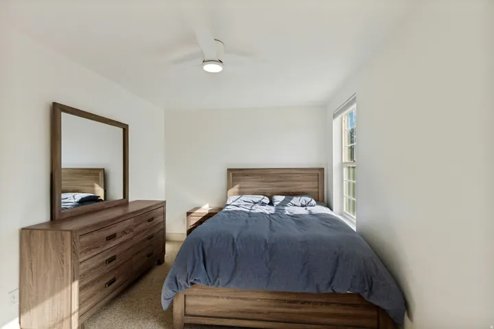 White walls, single window with natural light, ceiling fan with integrated lighting, textured carpeting