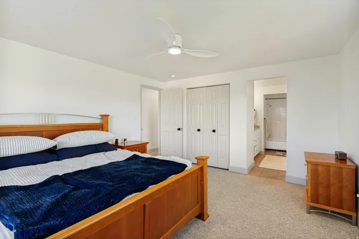 Carpeted flooring, ceiling fan, white paneled doors, and an attached bathroom with a tiled shower