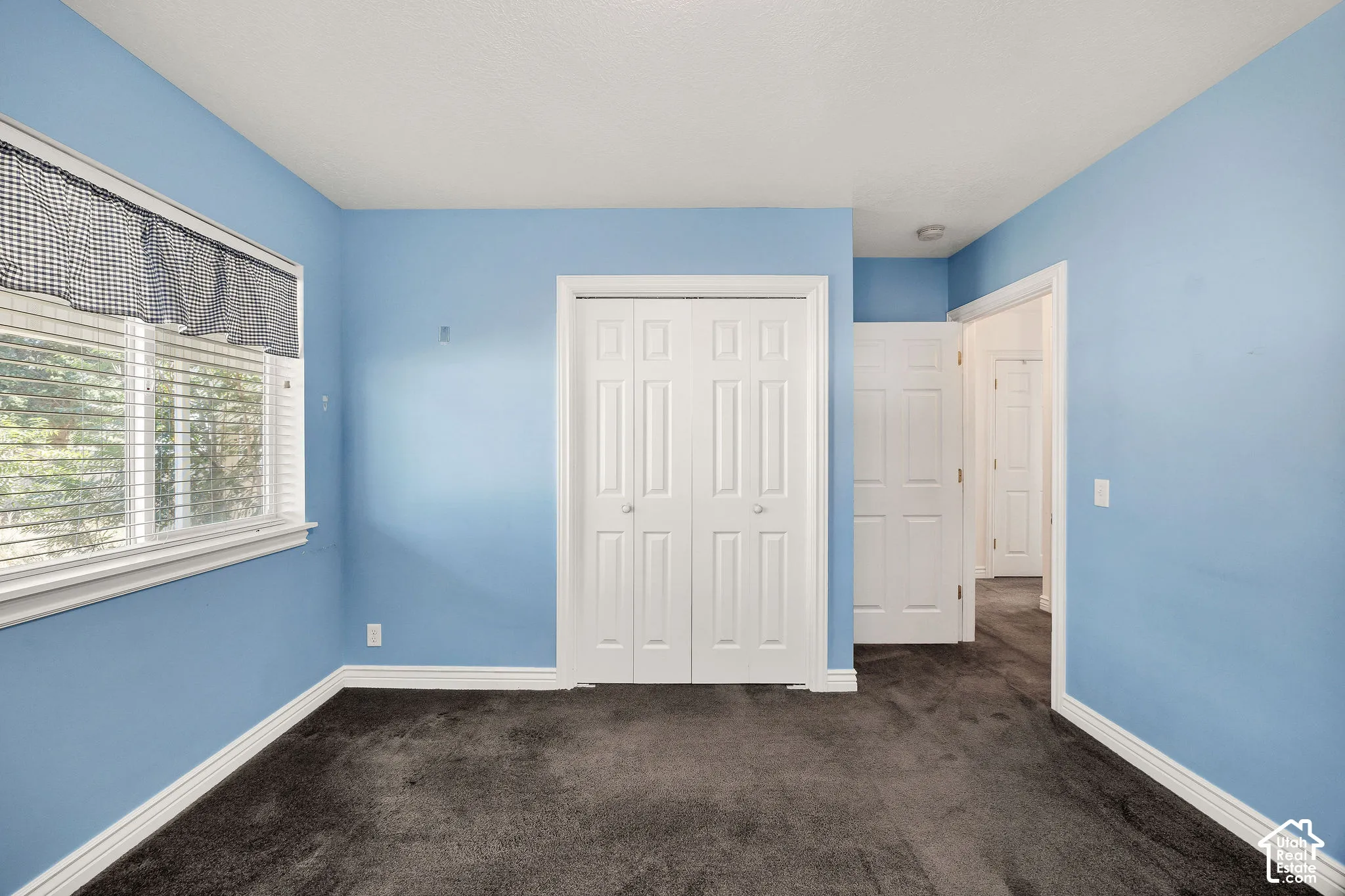 Carpeted room featuring a white-framed window with blinds, bi-fold closet doors, and light blue wall finishes