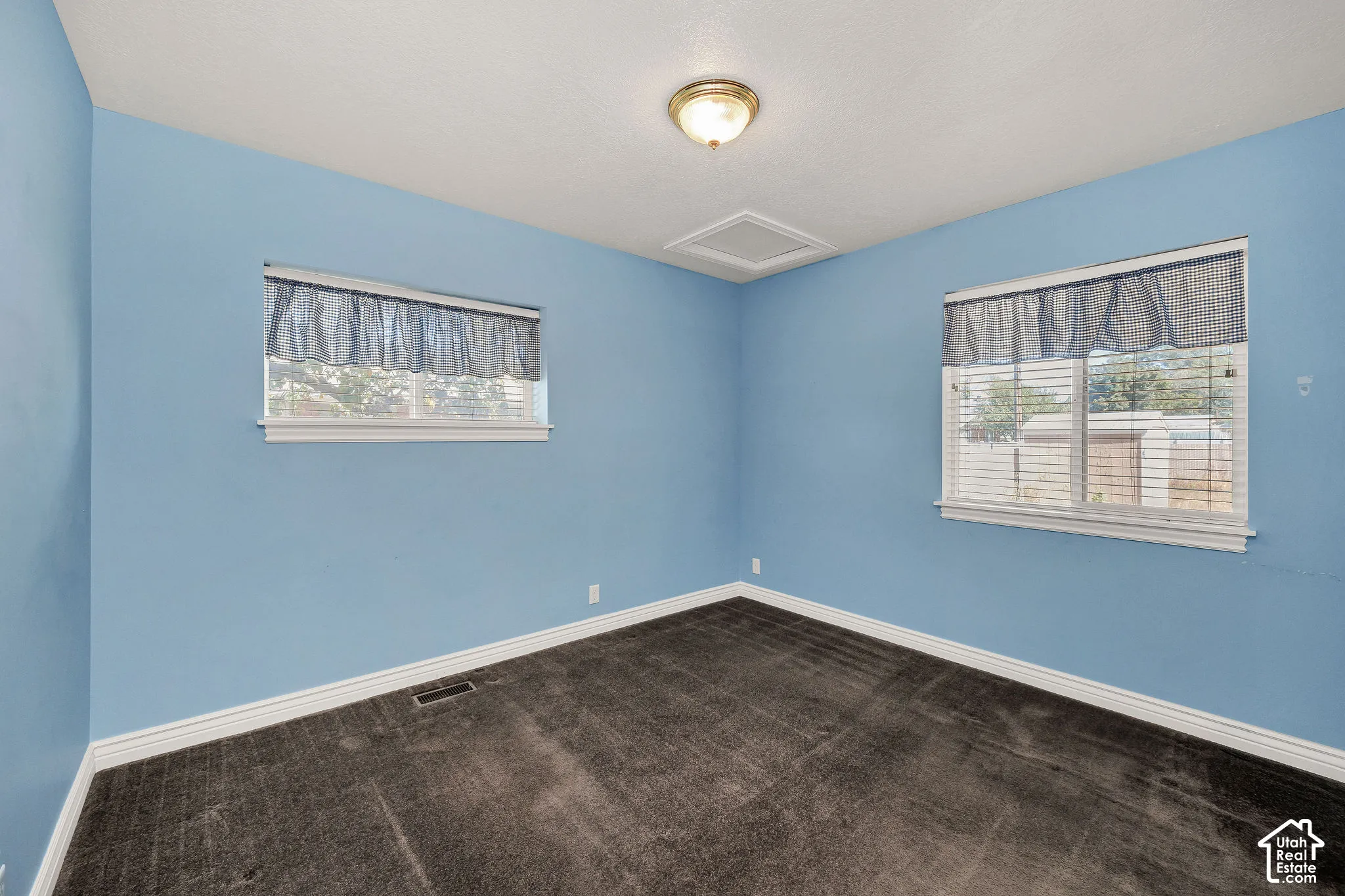 Room featuring two windows, neutral carpet, and a ceiling-mounted light fixture