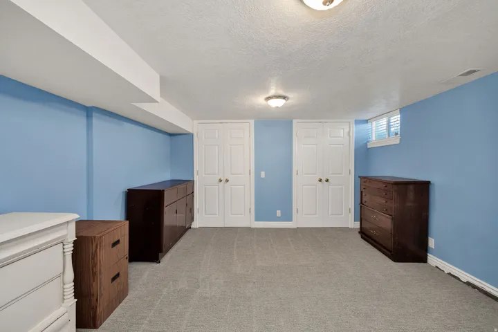 Carpeted flooring, recessed window, dual flush-mount ceiling lights, and double bifold doors