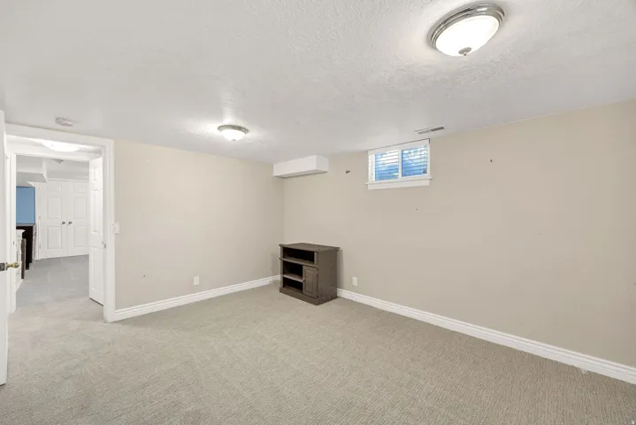 Wall-to-wall carpeting, recessed window, and flush mount ceiling lighting