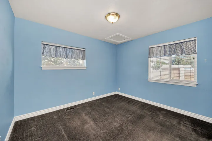Room featuring two windows, neutral carpet, and a ceiling-mounted light fixture