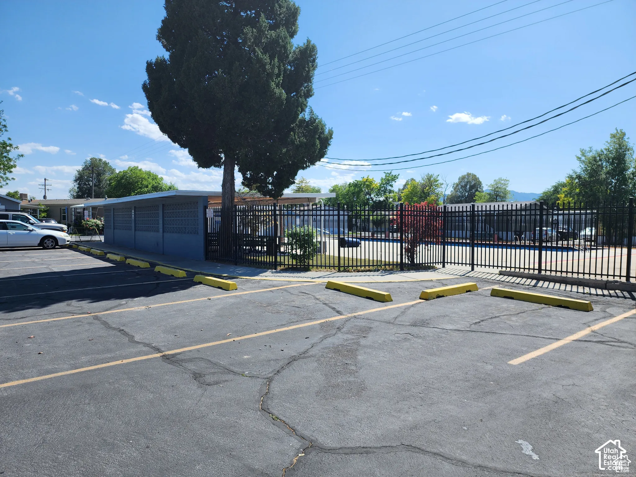 Paved parking area with yellow parking blocks, featuring a black wrought iron fence and mature trees