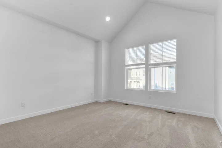 Vaulted ceiling, recessed lighting, double windows with blinds, and neutral carpet