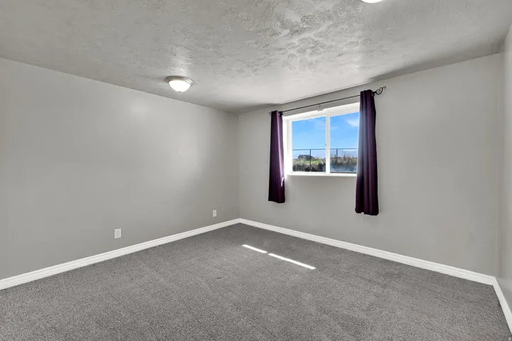 Neutral paint palette, textured ceiling, flush mount lighting, and gray carpeting