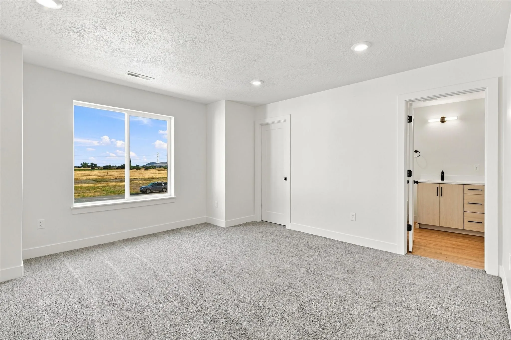 Recessed lighting, light gray carpeting, and a white interior door