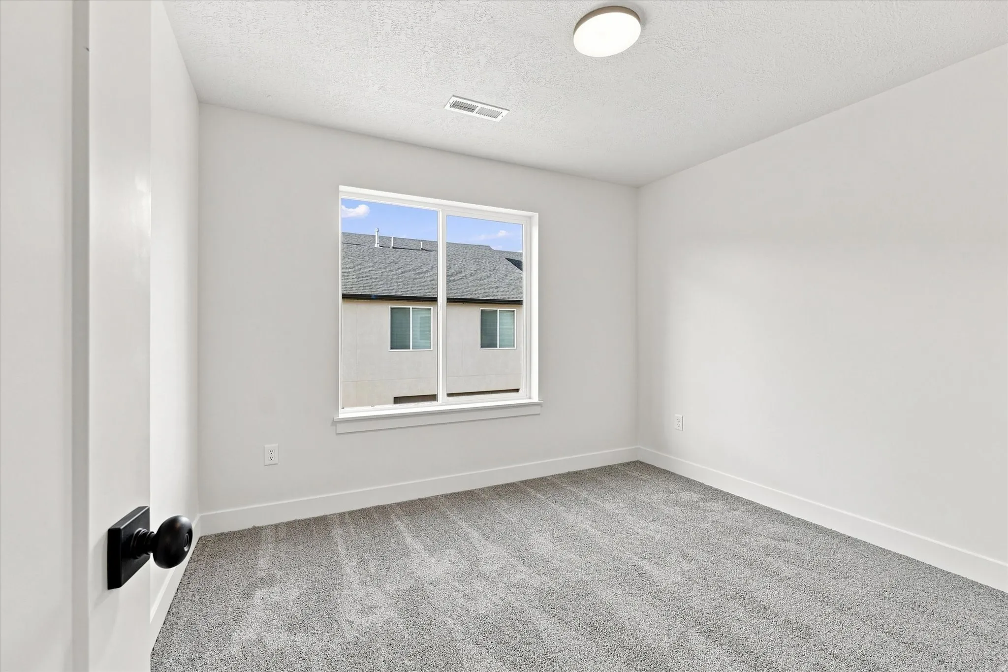 Neutral wall paint, gray carpet, flush-mount ceiling light, white trim, and a window