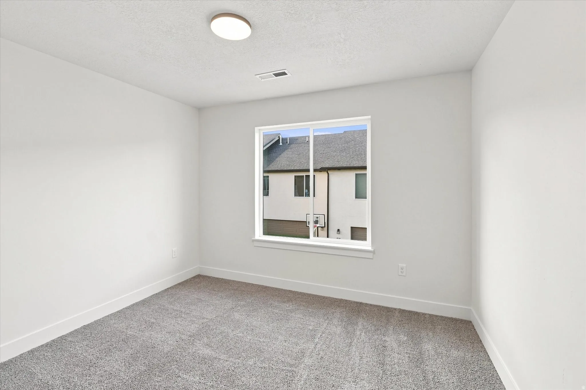 Neutral wall finishes, contemporary flush-mount ceiling light, and carpeted flooring