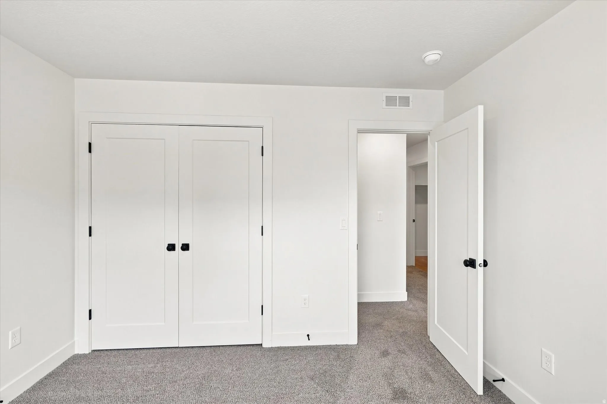 Plush carpeting, white walls, white trim, white paneled doors with matte black hardware
