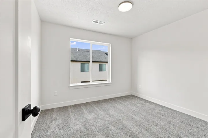 Neutral wall paint, gray carpet, flush-mount ceiling light, white trim, and a window