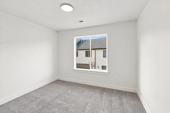 Neutral wall finishes, contemporary flush-mount ceiling light, and carpeted flooring