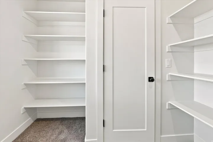 Built-in shelving, white flat-panel door, black hardware, wall-mounted light switch
