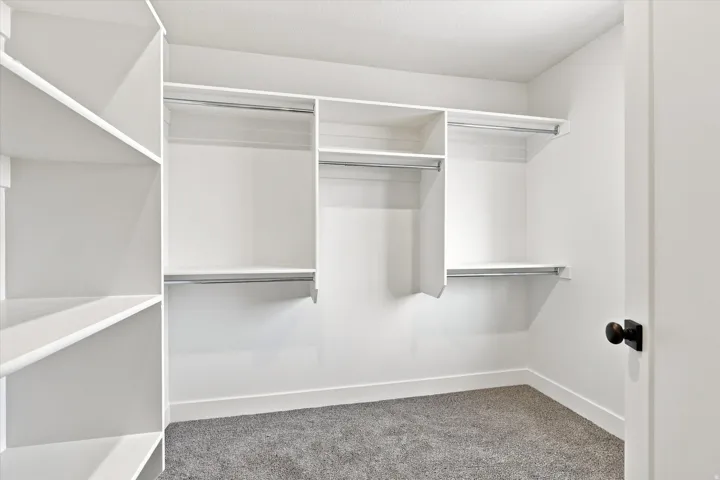 Built-in shelving, hanging rods, and grey carpeting