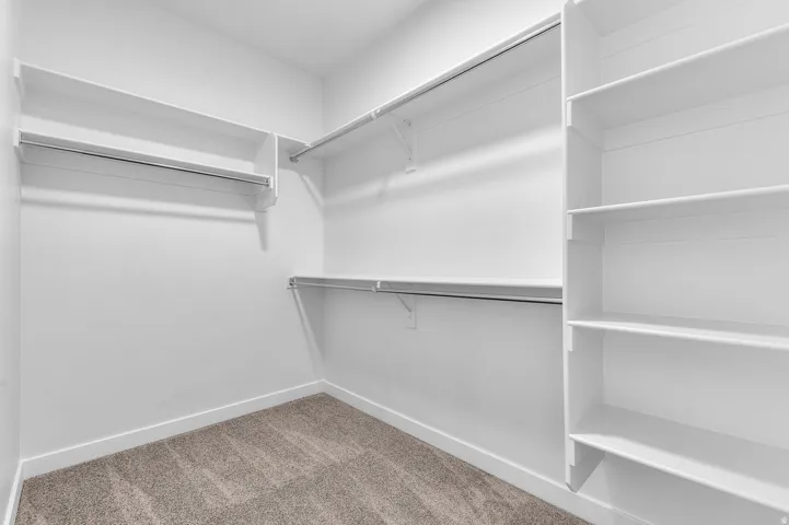 Built-in shelving, multiple hanging rods, and neutral-toned carpeting