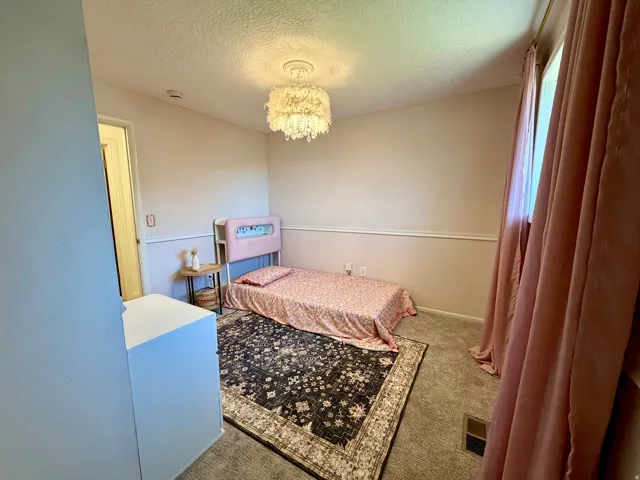 Wall-to-wall carpeting and a decorative ceiling light fixture