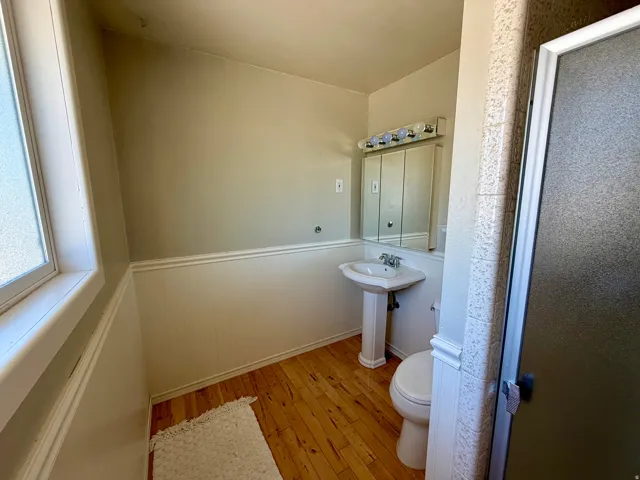 Bathroom featuring a pedestal sink, wood-finish flooring, wainscoting, and a shower enclosure