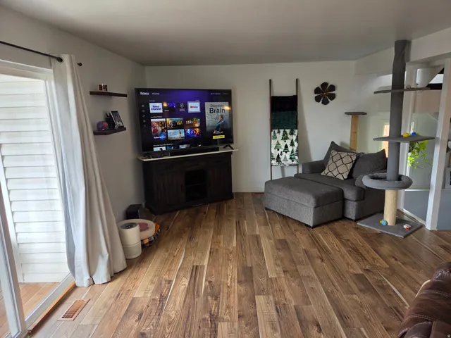 Wood-finish flooring throughout, bright white walls, and a sliding glass door with vertical blinds