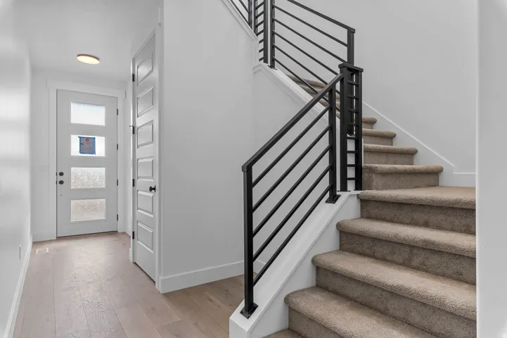 Hardwood-finish flooring, contemporary black metal stair railing, carpeted staircase, paneled interior door, and a white front entry door with obscured glass panels