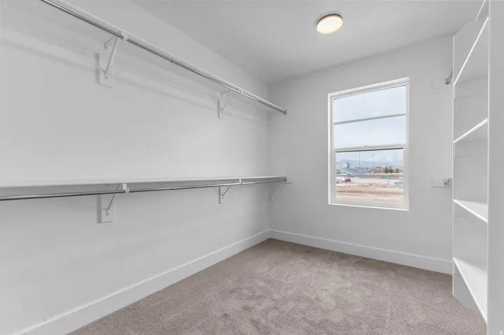 Built-in shelving, hanging rods, and a window