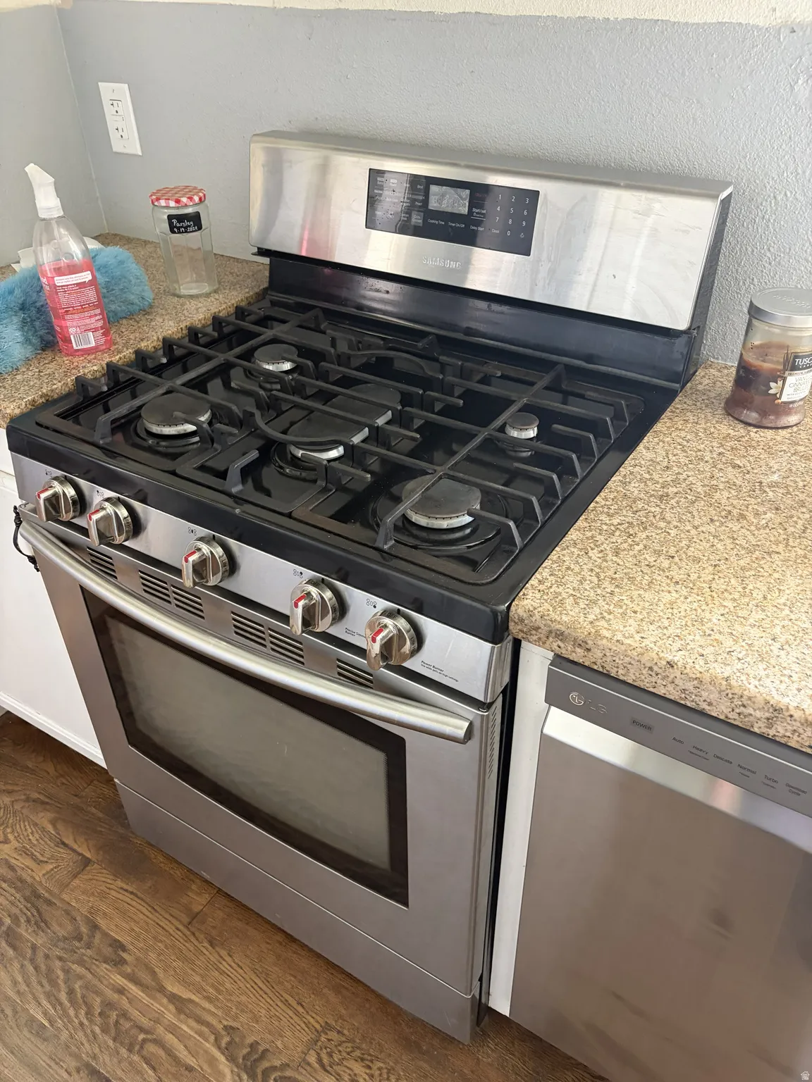 Stainless steel gas range with oven, stainless steel dishwasher, wood-finish flooring, and speckled countertop