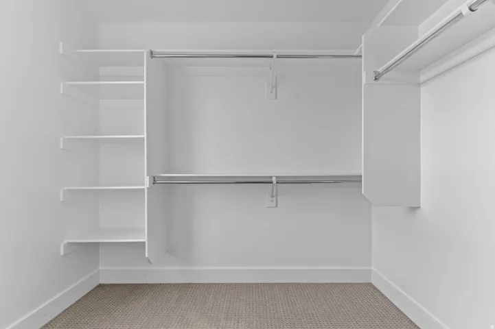 Integrated closet system featuring white shelving, multiple hanging rods, and carpet flooring