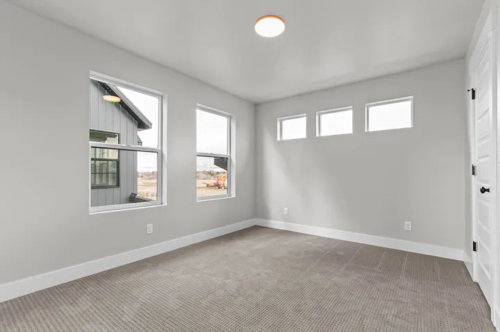Neutral wall color, carpeted flooring, multiple windows, and a flush mount ceiling light
