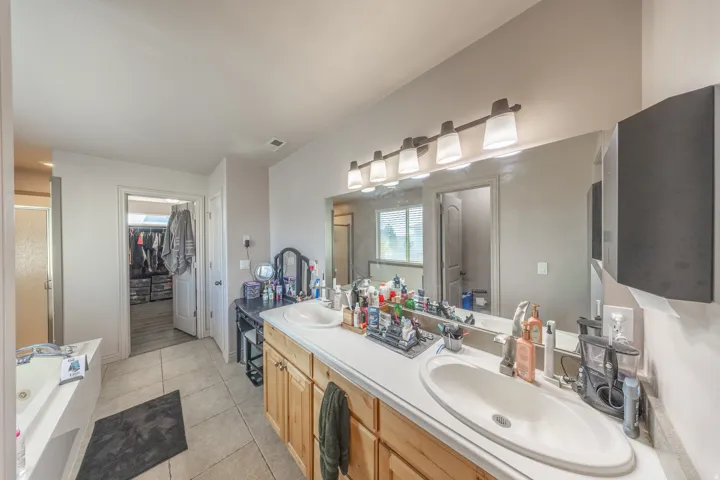Spacious primary bathroom featuring an expansive dual-sink vanity, relaxing jetted tub, and direct access to a generously sized walk-in closet.