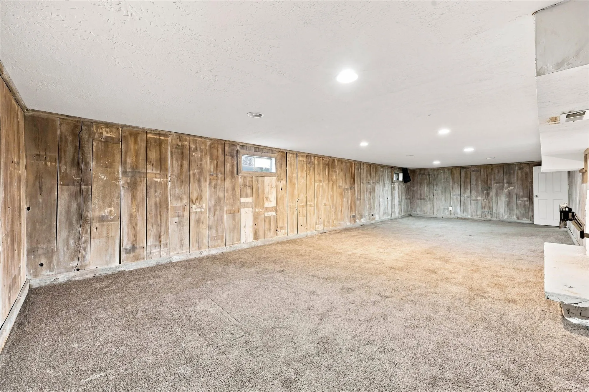 Expansive lower-level space featuring wood-paneled walls, neutral carpeting, recessed lighting, and a built-in fireplace structure