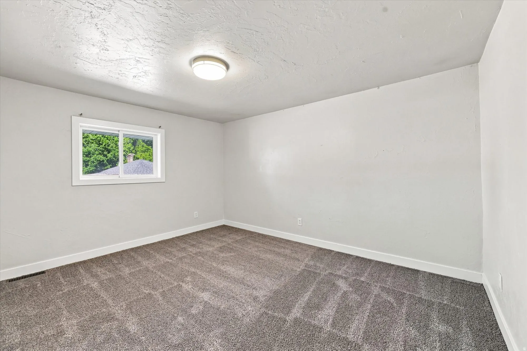 Neutral wall paint, textured ceiling, flush mount lighting, single window, and carpet flooring