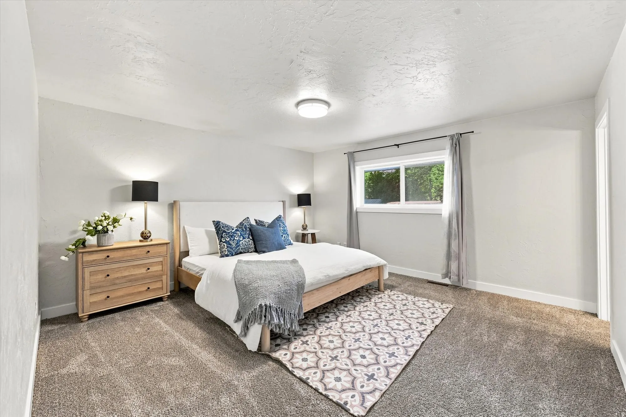 Wall-to-wall carpeting and a double-pane window