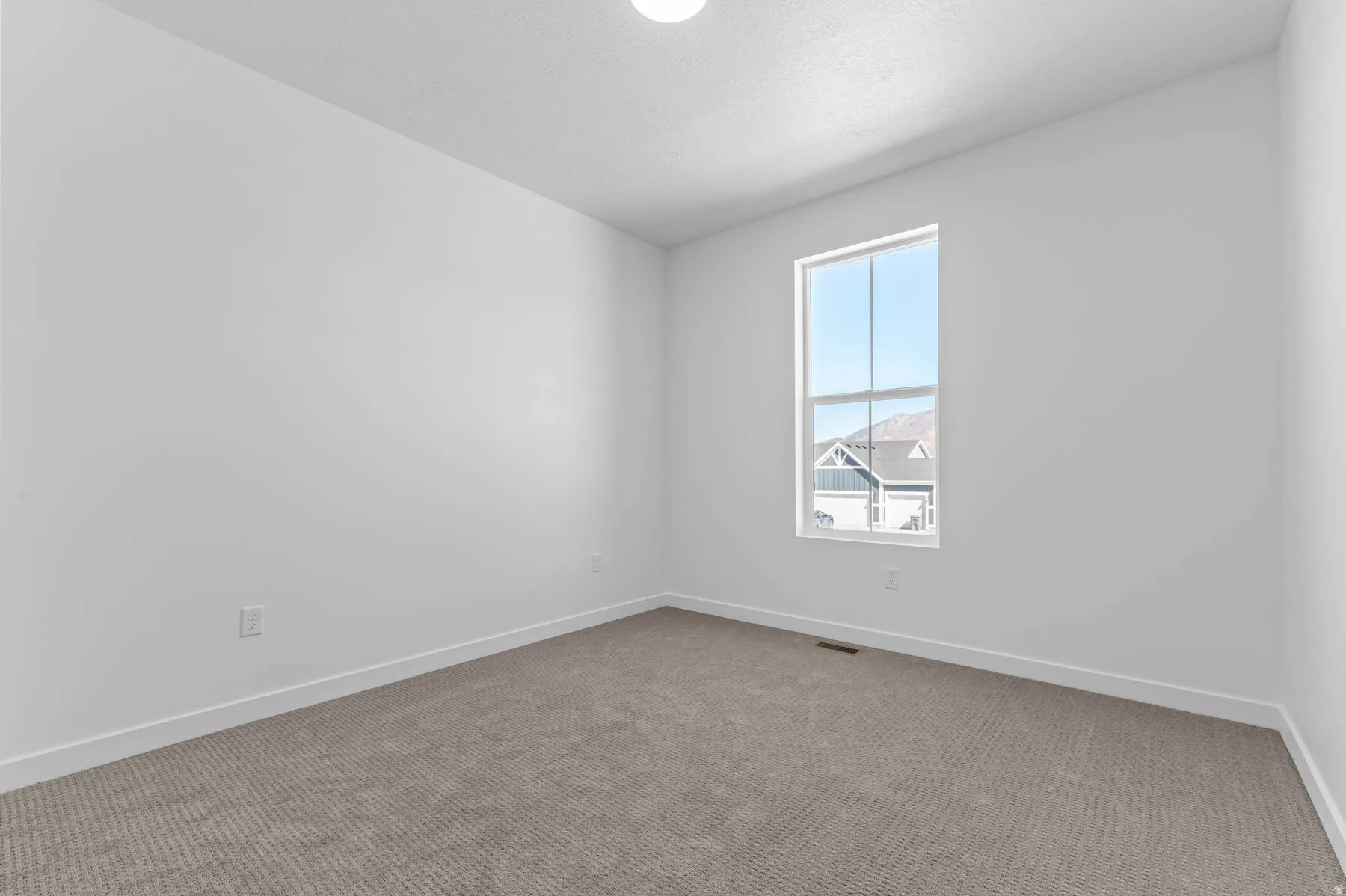 Neutral gray carpeting with white walls and a large window
