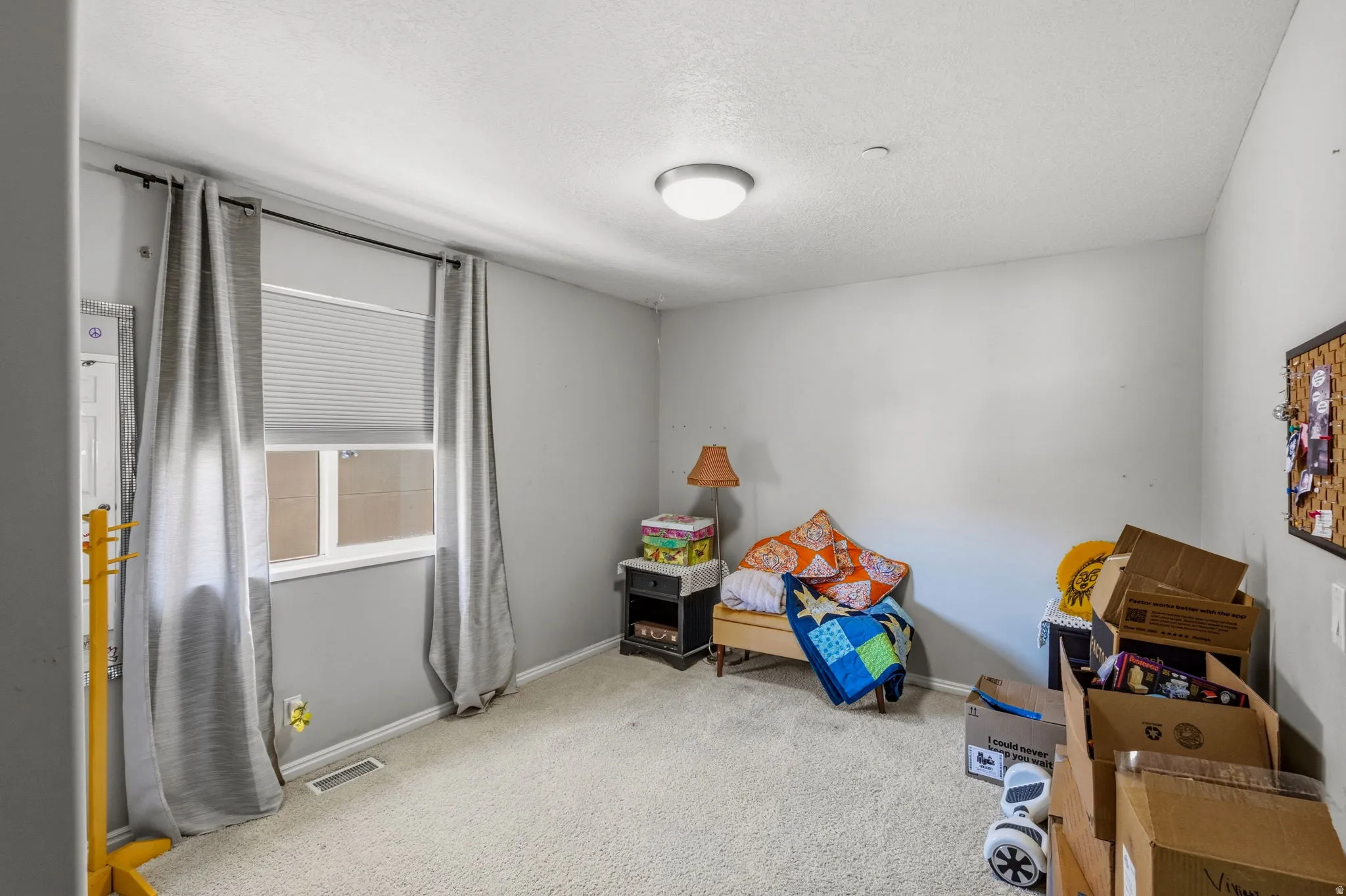 Window with blinds and curtains, wall-to-wall carpeting, and a flush mount ceiling light fixture