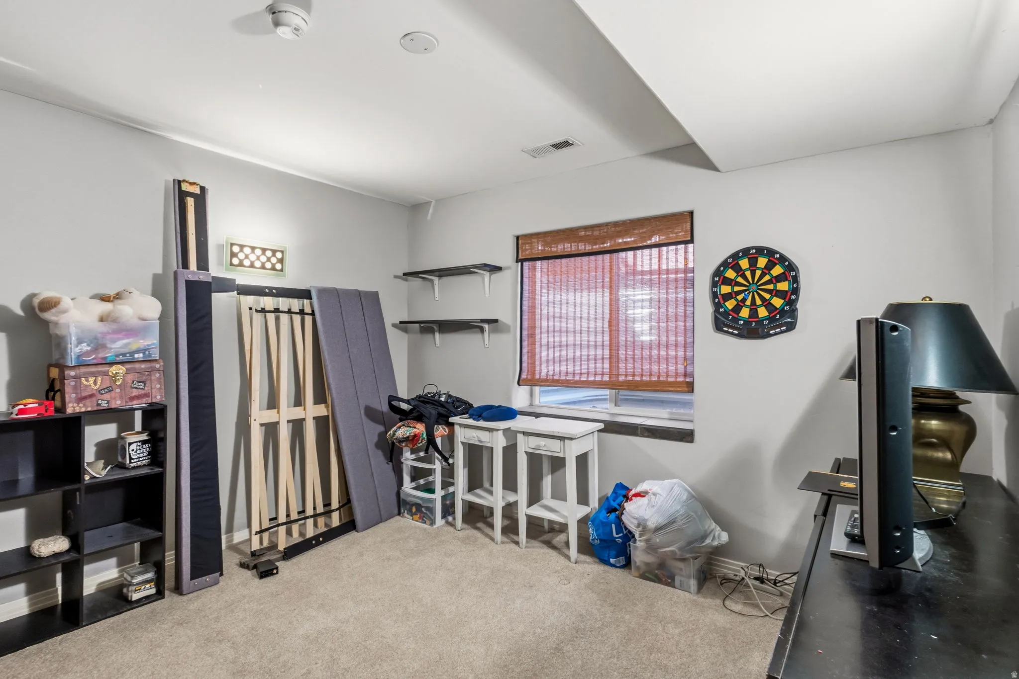 Carpeted room with light grey walls, a window with wood-finish blinds, and ceiling-mounted lighting