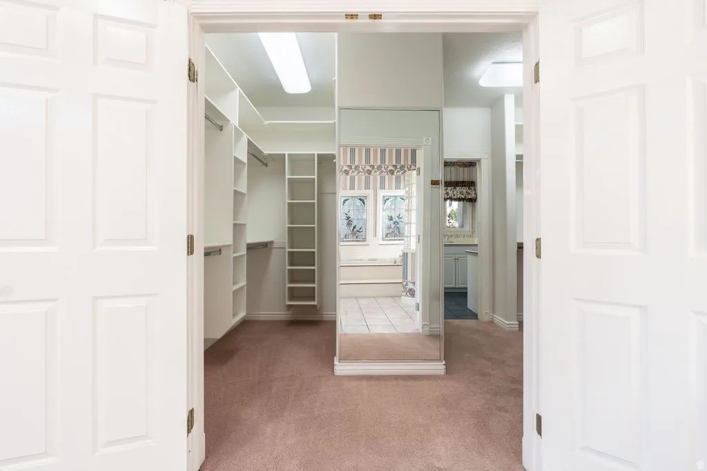 White paneled double doors open to a carpeted dressing room with built-in shelving, hanging rods, and a full-length mirror