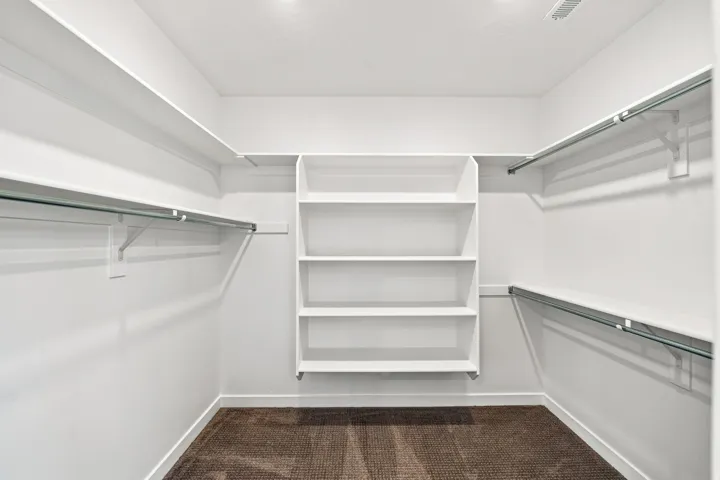 Built-in shelving, multiple hanging rods, and recessed lighting