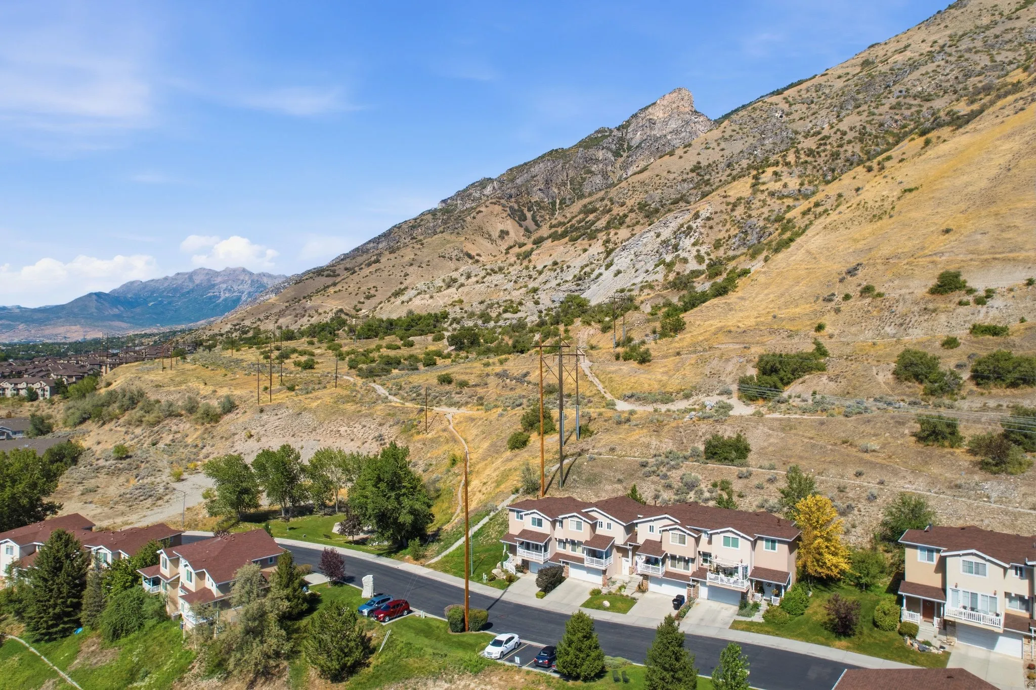 Townhome community featuring beige and brown exteriors with white trim