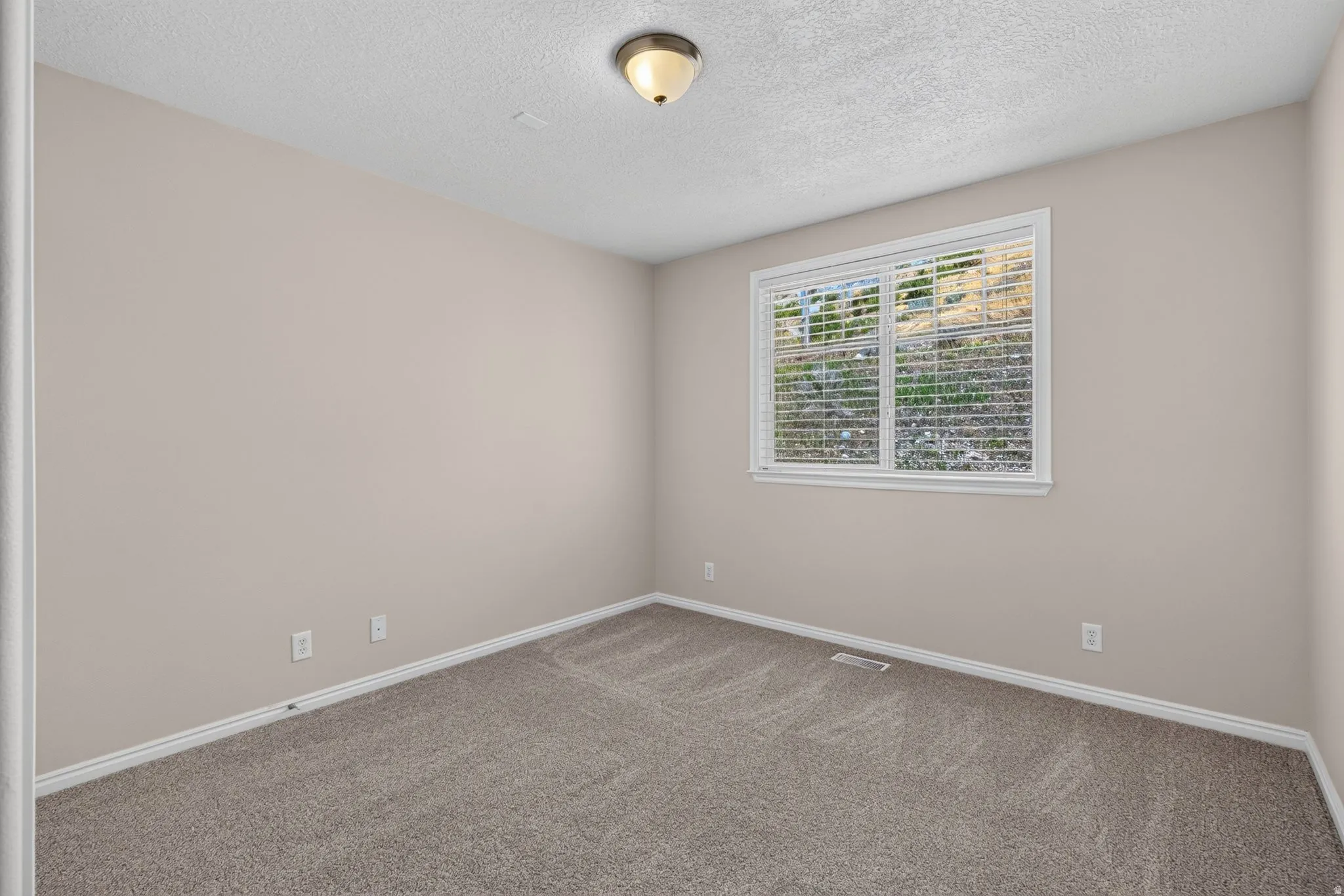 Neutral tone walls with textured carpeting, a single window with blinds, and a flush mount ceiling light fixture